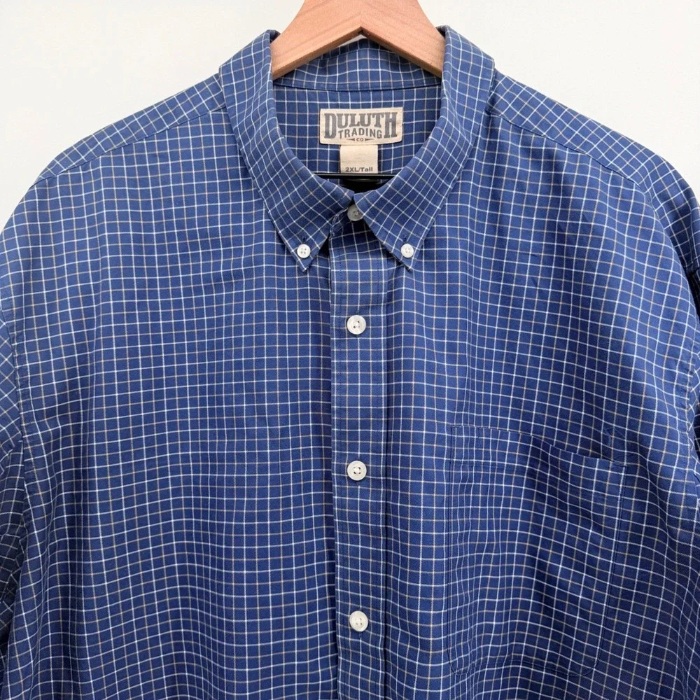 Duluth Trading Co Shirt Mens 2XLT Tall Blue‎ Plaid Grid Long Sleeve 54x35